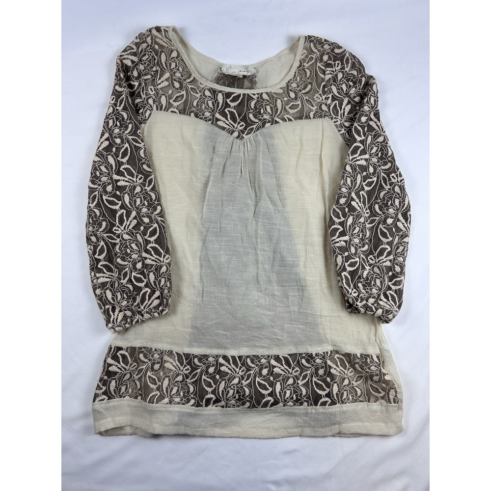A'Reve Anthropologie Gauze Lace Peasant Shirt S Tie Back Beige Boho Popover Top